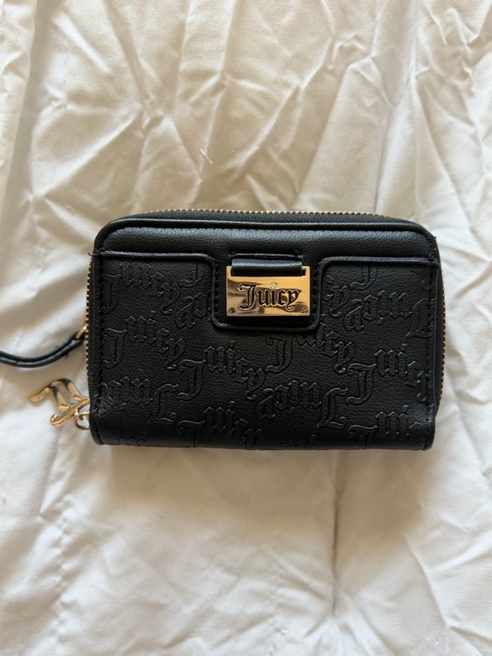 Juicy Couture Black Embossed Logo Zip Wallet with Gold Hardware